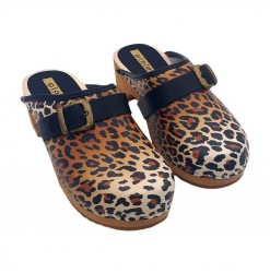 NIEDERLÄNDISCHE CLOGS LEOPARD MIT SCHWARZER SCHNALLE