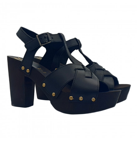 CLOGS AUS LEDER SCHWARZ MIT ABSATZ 9 - MY135 NERO