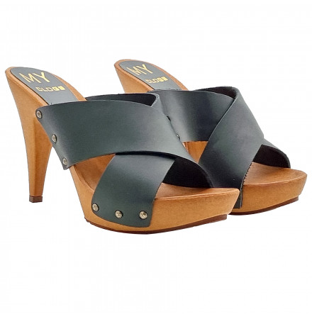 Schwarze Clogs mit doppelt gekreuztem Band - Absatz 11 - MY32120 NERO