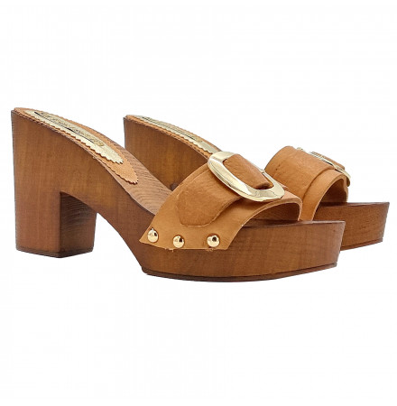 Clogs aus echtem Leder mit goldenem Accessoire